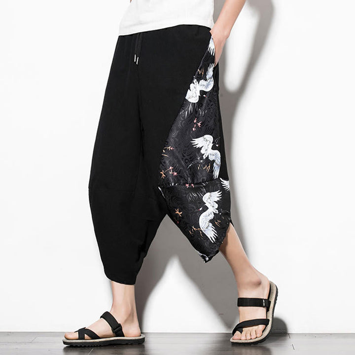 Pantalones harén cortos de algodón con estampado de grullas blancas y Buddha Stones para hombre con bolsillos - image 1