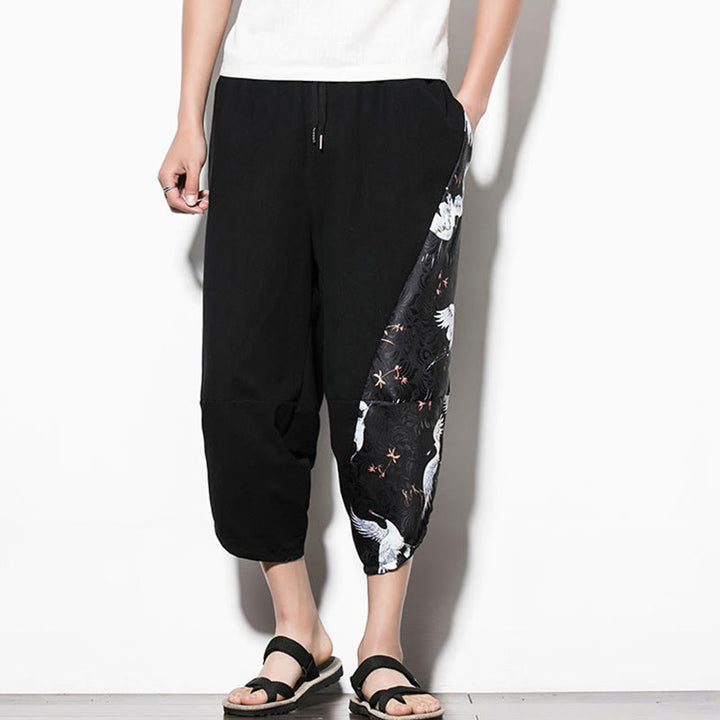 Pantalones harén cortos de algodón con estampado de grullas blancas y Buddha Stones para hombre con bolsillos - image 6