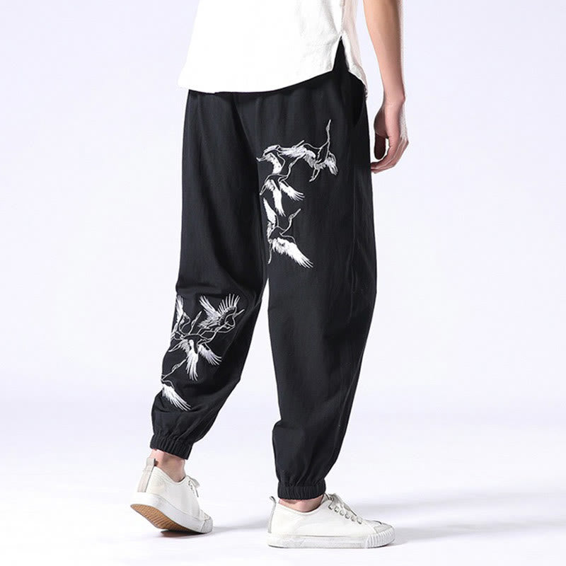 Pantalones harén con cordón y bolsillos para hombre con diseño bordado de grulla blanca y Buddha Stones - image 26
