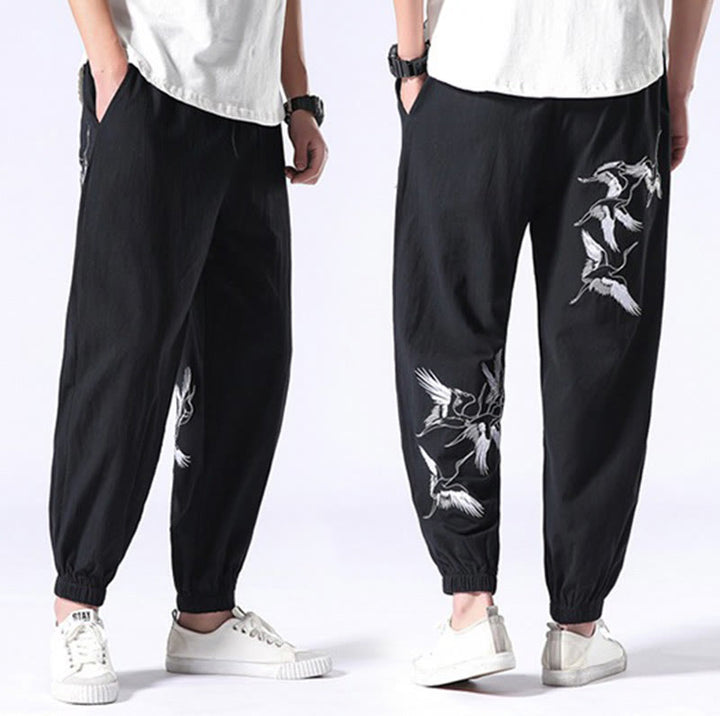 Pantalones harén con cordón y bolsillos para hombre con diseño bordado de grulla blanca y Buddha Stones - image 10