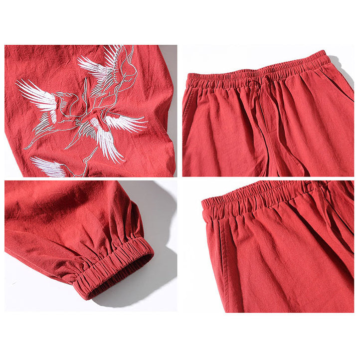 Pantalones harén con cordón y bolsillos para hombre con diseño bordado de grulla blanca y Buddha Stones - image 21