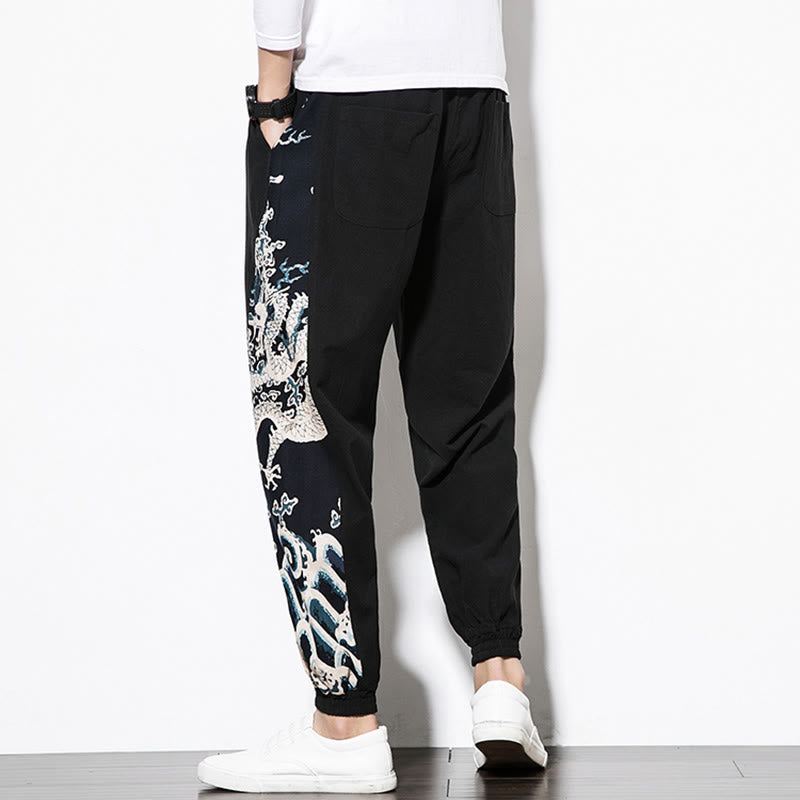 Pantalones de algodón con bolsillos para hombre con ondas de dragón de verano y Buddha Stones - image 12