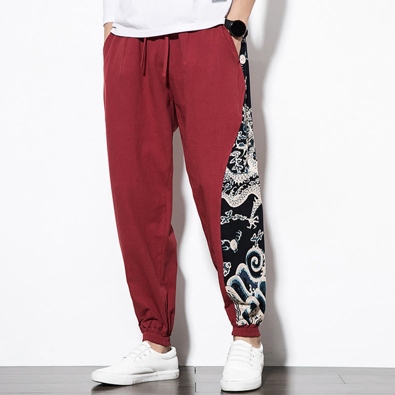 Pantalones de algodón con bolsillos para hombre con ondas de dragón de verano y Buddha Stones - image 20