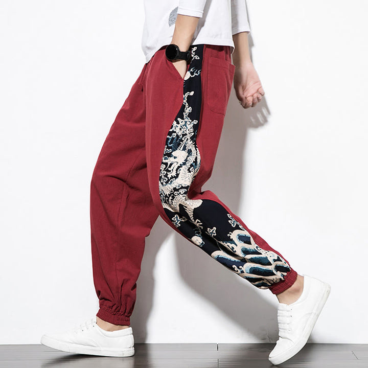 Pantalones de algodón con bolsillos para hombre con ondas de dragón de verano y Buddha Stones - image 27