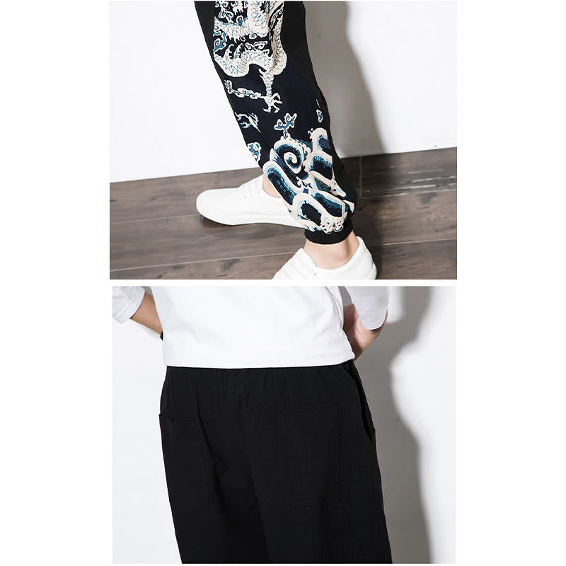 Pantalones de algodón con bolsillos para hombre con ondas de dragón de verano y Buddha Stones - image 18