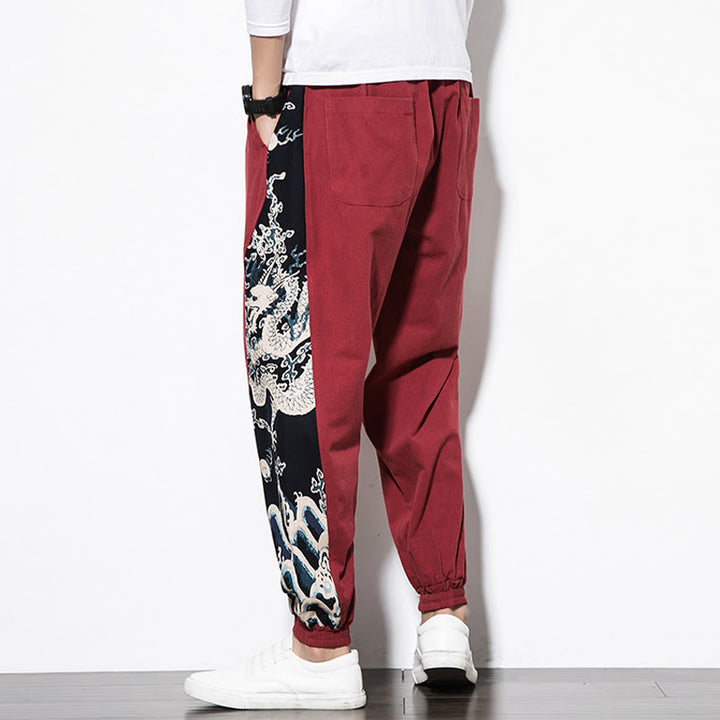 Pantalones de algodón con bolsillos para hombre con ondas de dragón de verano y Buddha Stones - image 21