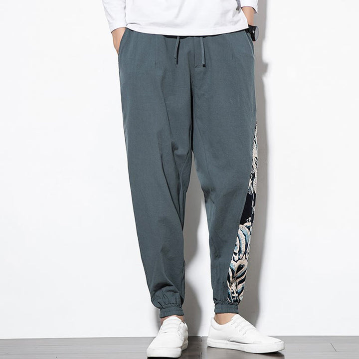 Pantalones de algodón con bolsillos para hombre con ondas de dragón de verano y Buddha Stones - image 3