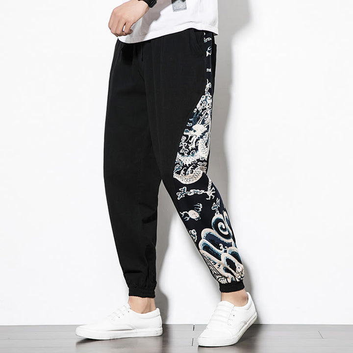 Pantalones de algodón con bolsillos para hombre con ondas de dragón de verano y Buddha Stones - image 13