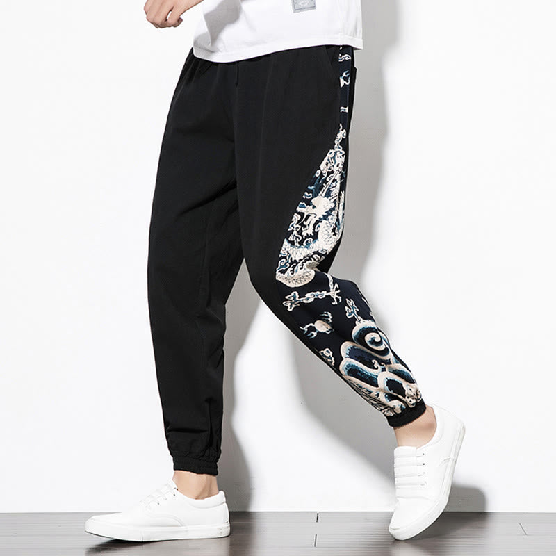 Pantalones de algodón con bolsillos para hombre con ondas de dragón de verano y Buddha Stones - image 15
