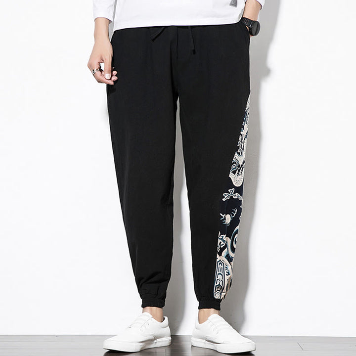 Pantalones de algodón con bolsillos para hombre con ondas de dragón de verano y Buddha Stones - image 10