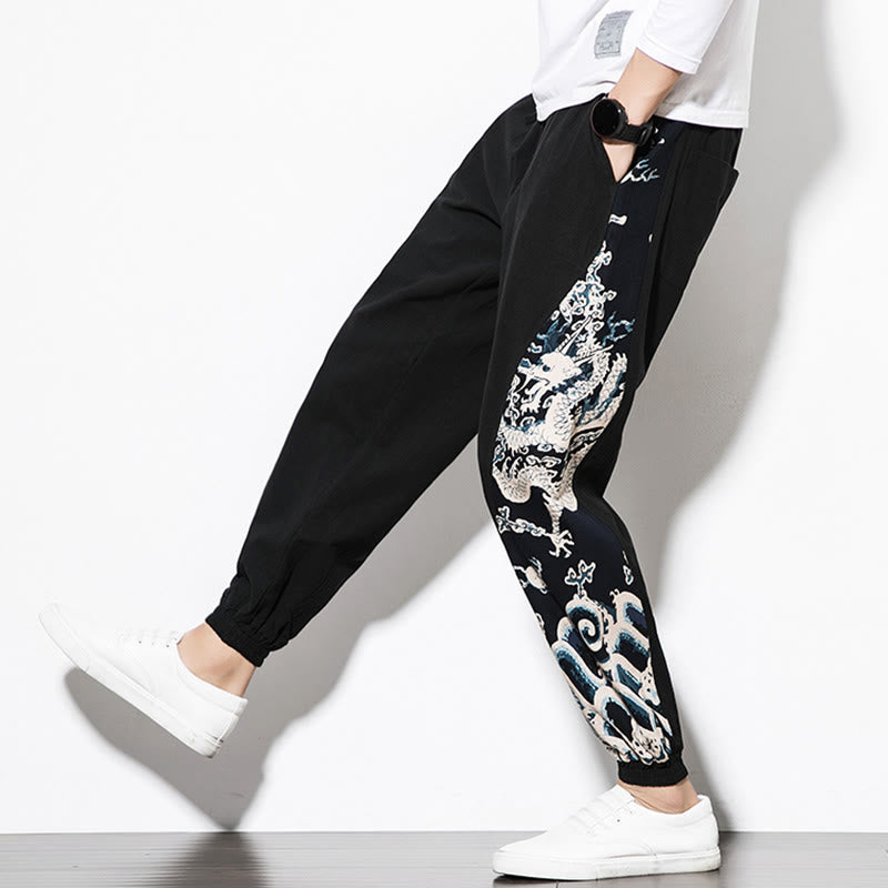 Pantalones de algodón con bolsillos para hombre con ondas de dragón de verano y Buddha Stones - image 16