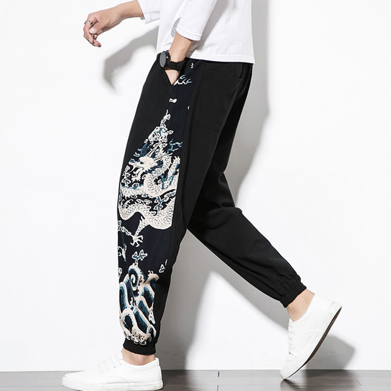 Pantalones de algodón con bolsillos para hombre con ondas de dragón de verano y Buddha Stones - image 15