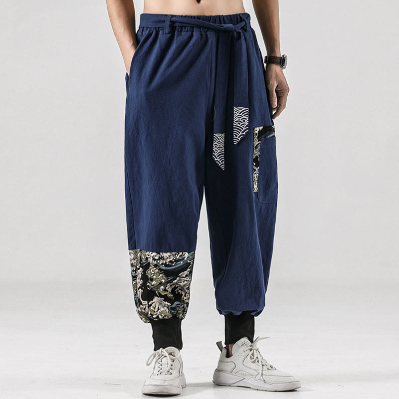 Pantalones harén de algodón con cordones y bolsillos para hombre con estampado de olas del océano y Buddha Stones - image 35
