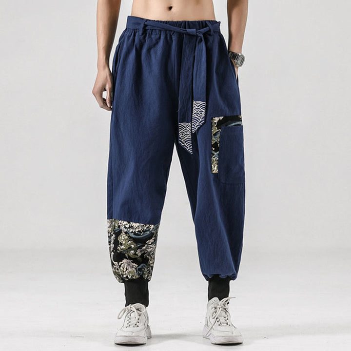 Pantalones harén de algodón con cordones y bolsillos para hombre con estampado de olas del océano y Buddha Stones - image 33