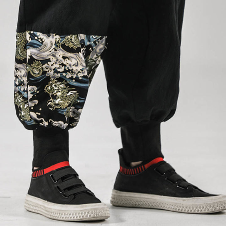 Pantalones harén de algodón con cordones y bolsillos para hombre con estampado de olas del océano y Buddha Stones - image 12