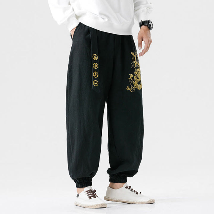 Pantalones de algodón para hombre con bolsillos y Buddha Stones, nubes auspiciosas y dragón