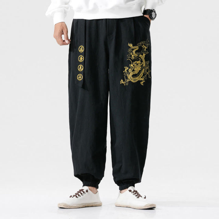 Pantalones de algodón para hombre con bolsillos y Buddha Stones, nubes auspiciosas y dragón - image 3