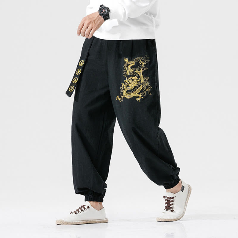 Pantalones de algodón para hombre con bolsillos y Buddha Stones, nubes auspiciosas y dragón - image 4