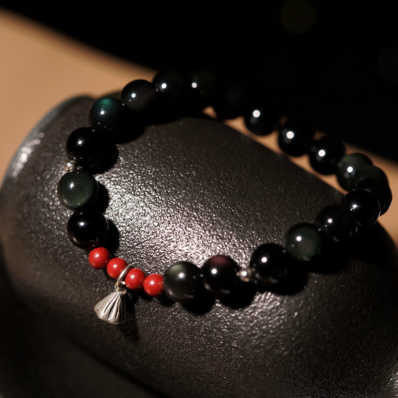Pulsera de fuerza con dije de loto y cinabrio de obsidiana negra natural de Buddha Stones