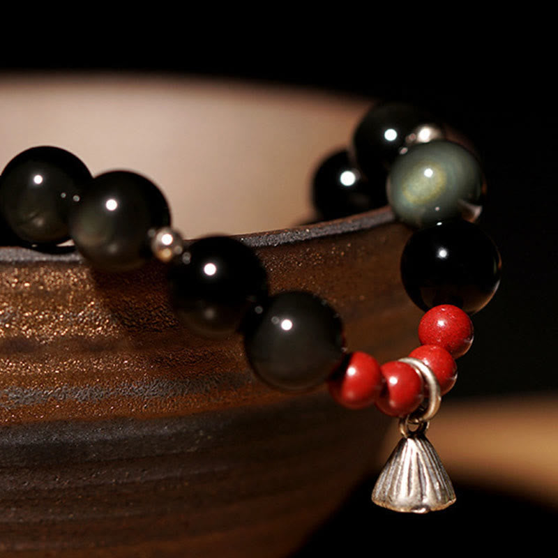Pulsera de fuerza con dije de loto y cinabrio de obsidiana negra natural de Buddha Stones
