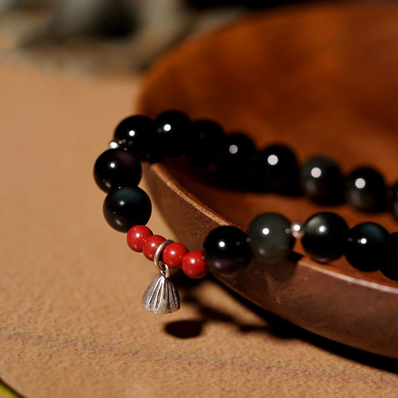 Pulsera de fuerza con dije de loto y cinabrio de obsidiana negra natural de Buddha Stones