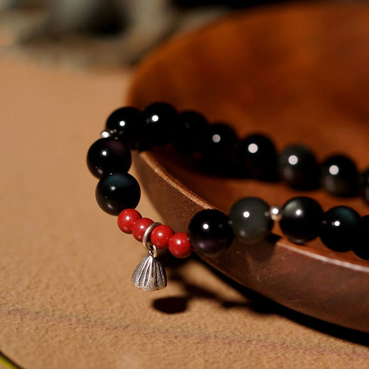 Pulsera de fuerza con dije de loto y cinabrio de obsidiana negra natural de Buddha Stones