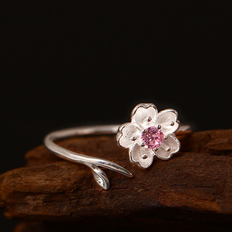 Anillo ajustable con bendición de flor de cerezo y sakura en plata de ley 925 con Buddha Stones