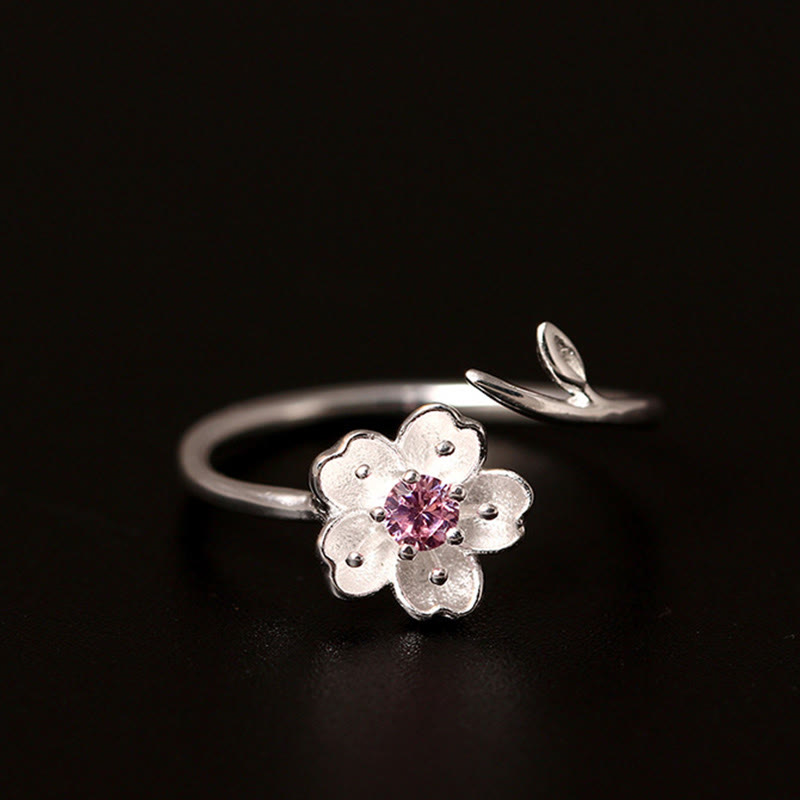 Anillo ajustable con bendición de flor de cerezo y sakura en plata de ley 925 con Buddha Stones - Flor de cerezo 52-55 mm/US5-US7 (ajustable) - image 0