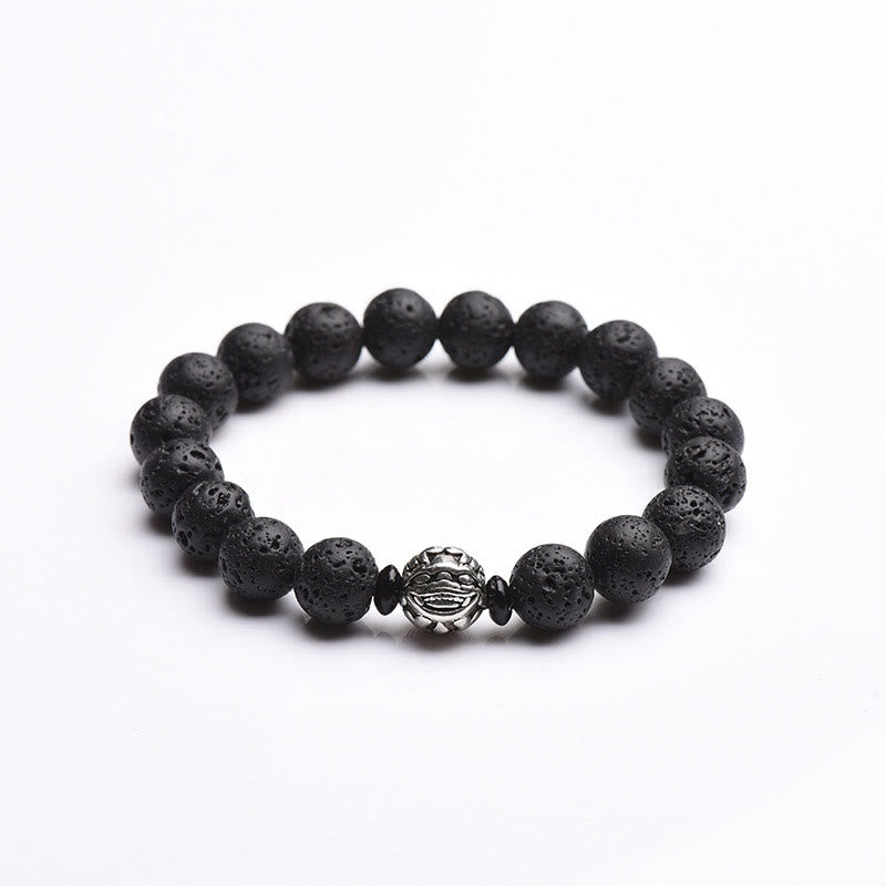 Pulsera de riqueza PiXiu de cobre blanco con cuentas de roca de lava y Buddha Stones