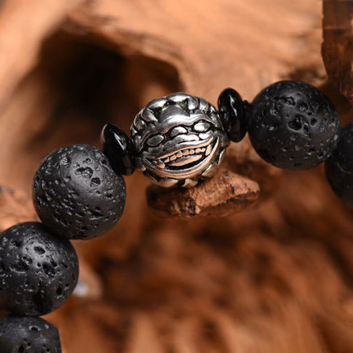 Pulsera de riqueza PiXiu de cobre blanco con cuentas de roca de lava y Buddha Stones