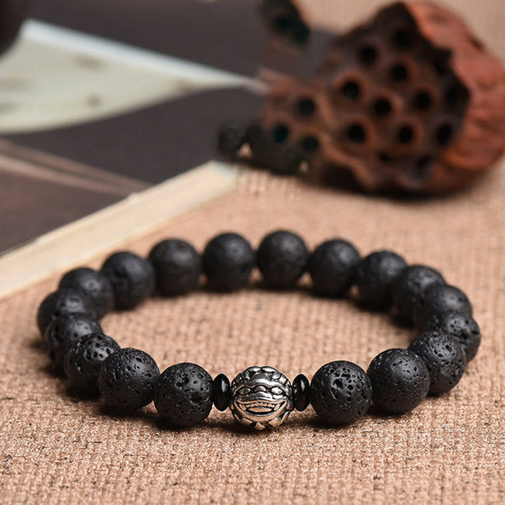 Pulsera de riqueza PiXiu de cobre blanco con cuentas de roca de lava y Buddha Stones