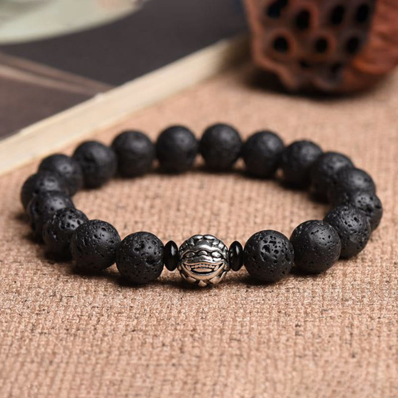 Pulsera de riqueza PiXiu de cobre blanco con cuentas de roca de lava y Buddha Stones