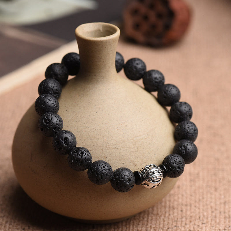 Pulsera de riqueza PiXiu de cobre blanco con cuentas de roca de lava y Buddha Stones
