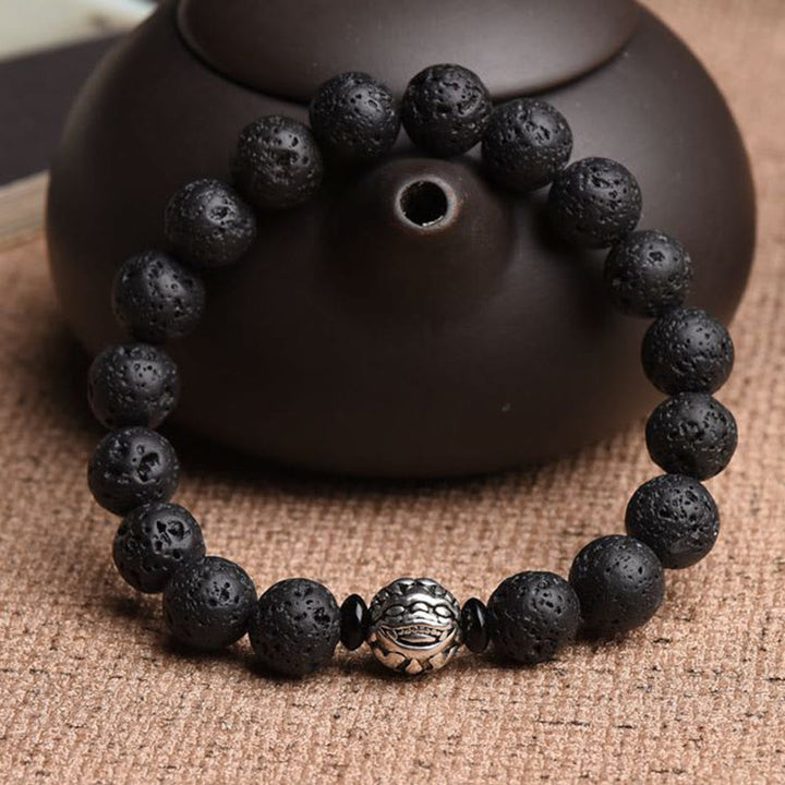 Pulsera de riqueza PiXiu de cobre blanco con cuentas de roca de lava y Buddha Stones
