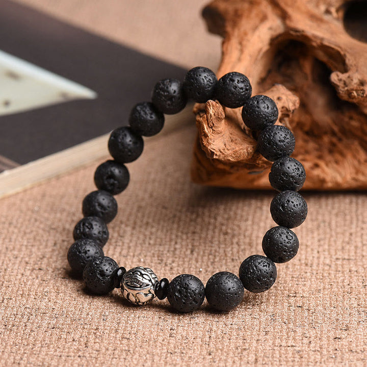 Pulsera de riqueza PiXiu de cobre blanco con cuentas de roca de lava y Buddha Stones