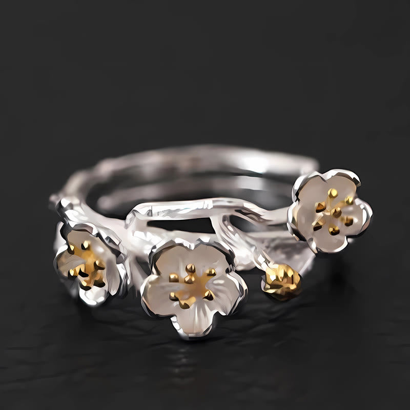 Anillo de plata de ley 925 con Buddha Stones y calma en el seno del ciruelo