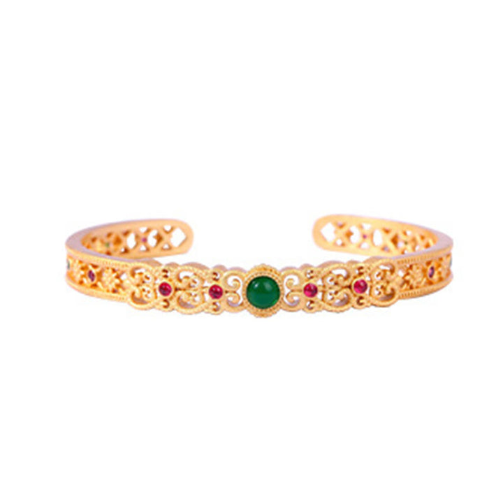 Brazalete de cobre chapado en oro de 24 k con Buddha Stones , calcedonia verde y resistencia