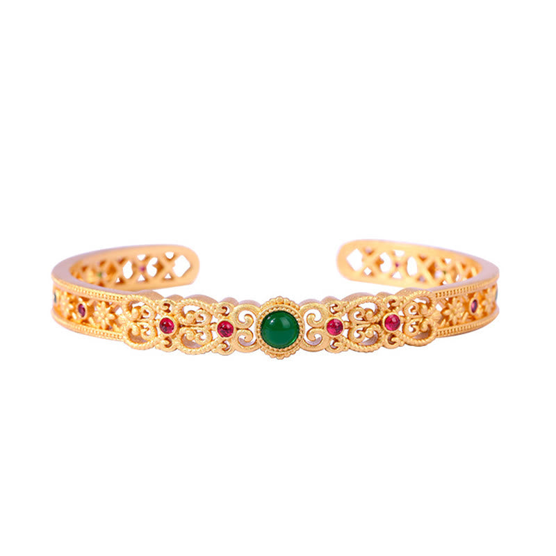 Brazalete de cobre chapado en oro de 24 k con Buddha Stones , calcedonia verde y resistencia