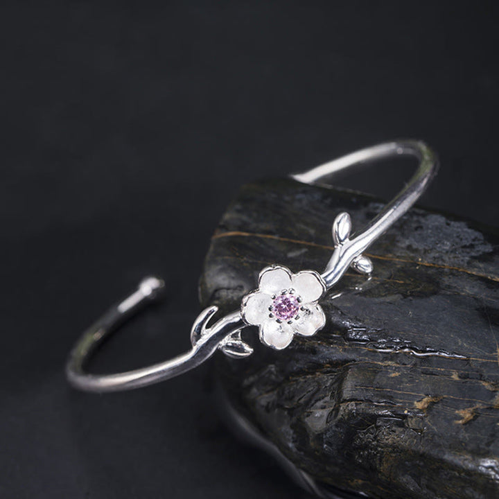 Pulsera de plata de ley 925 con Buddha Stones y flor de cerezo - Anillo de plata de ley 925 con diseño de flor de cerezo (circunferencia de la muñeca: 15-19 cm) - image 0