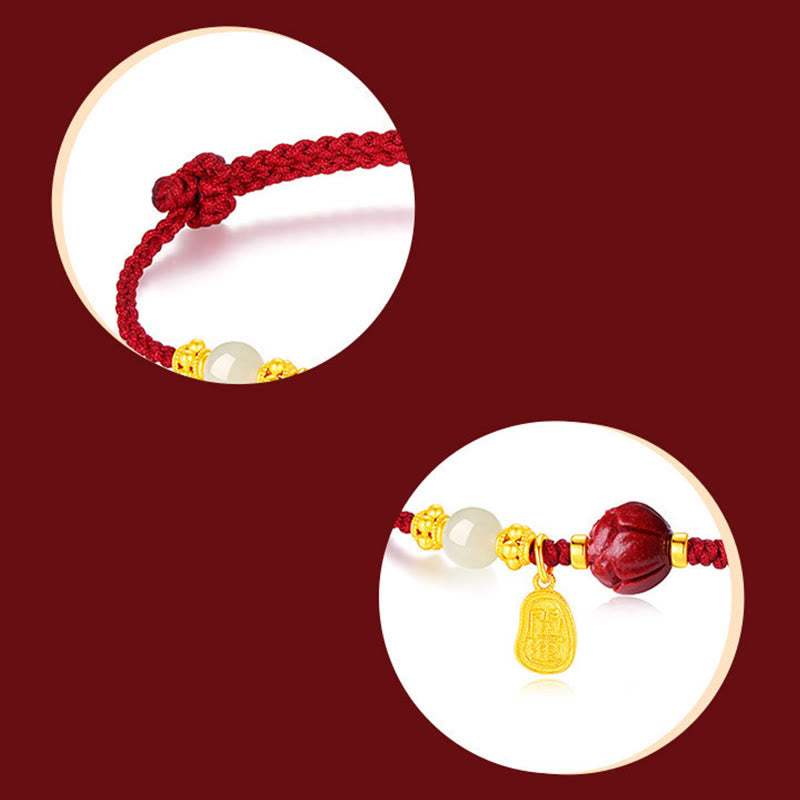 Pulsera de hilo rojo de la suerte bañada en oro de 24 quilates con jade cinabrio y carácter Fu de Buddha Stones