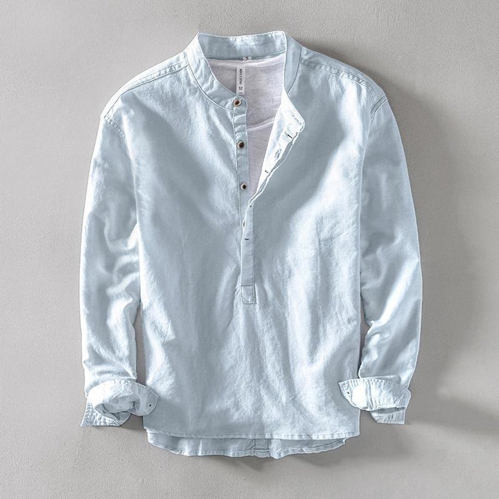Camisa de lino y algodón con manga larga y medio botón de color liso con Buddha Stones para hombre - Azul claro - US/UK/AU40, EU50 (2XL) - image 1