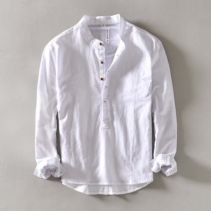 Camisa de lino y algodón con manga larga y medio botón de color liso con Buddha Stones para hombre - Blanco - US/UK/AU40, EU50 (2XL) - image 1