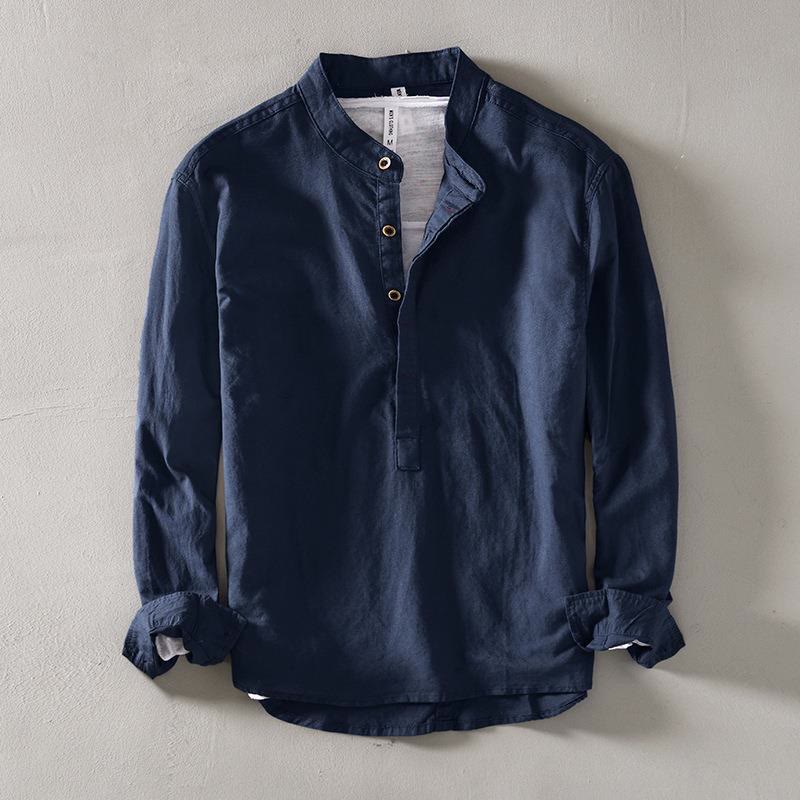 Camisa de lino y algodón con manga larga y medio botón de color liso con Buddha Stones para hombre - Azul acero - US/UK/AU40, EU50 (2XL) - image 3