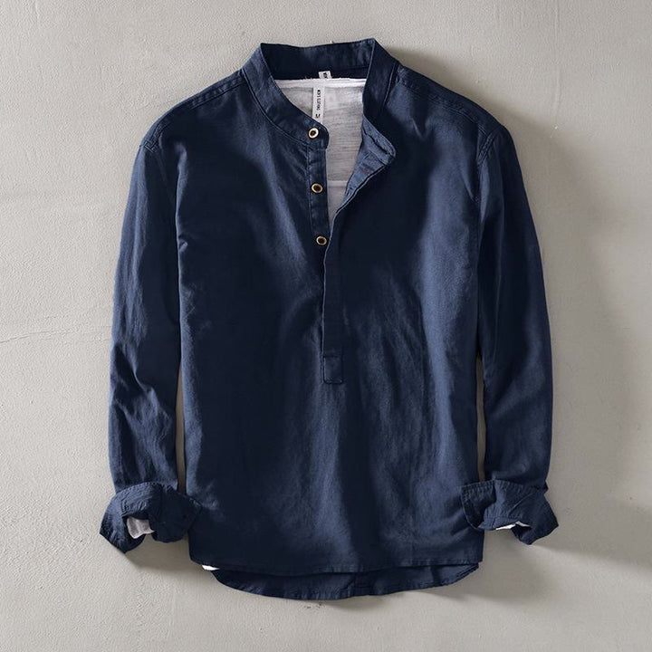 Camisa de lino y algodón con manga larga y medio botón de color liso con Buddha Stones para hombre - Azul acero - US/UK/AU40, EU50 (2XL) - image 2