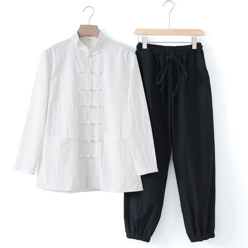 Camisa de manga larga con botones de Buddha Stones para meditación, pantalones, traje para hombre - Camisa blanca y pantalón negro - US/UK/AU44, EU54 (4XL) - image 19