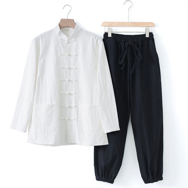 Camisa de manga larga con botones de Buddha Stones para meditación, pantalones, traje para hombre - Camisa blanca y pantalón negro - US/UK/AU44, EU54 (4XL) - image 19