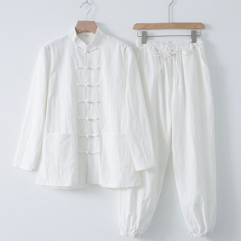 Camisa de manga larga con botones de Buddha Stones para meditación, pantalones, traje para hombre - Camisa blanca y pantalón blanco - US/UK/AU44, EU54 (4XL) - image 1