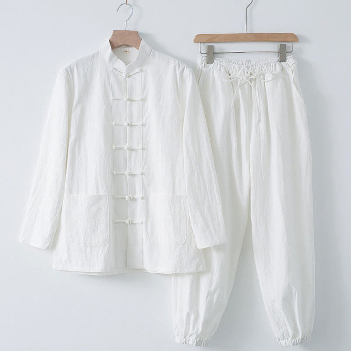 Camisa de manga larga con botones de Buddha Stones para meditación, pantalones, traje para hombre - Camisa blanca y pantalón blanco - US/UK/AU44, EU54 (4XL) - image 1