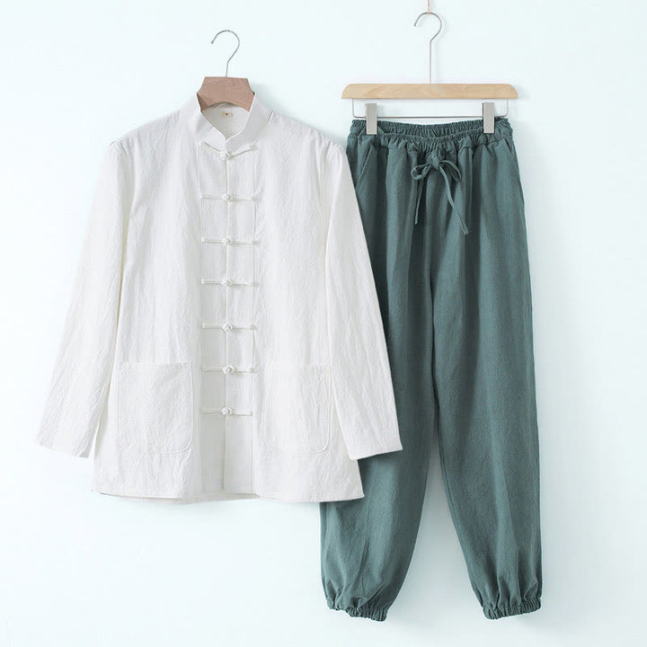 Camisa de manga larga con botones de Buddha Stones para meditación, pantalones, traje para hombre - Camisa blanca y pantalón azul cadete - US/UK/AU44, EU54 (4XL) - image 20
