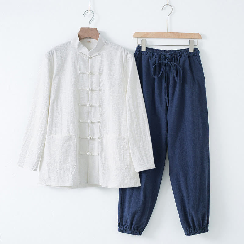 Camisa de manga larga con botones de Buddha Stones para meditación, pantalones, traje para hombre - Camisa blanca y pantalón azul oscuro - US/UK/AU44, EU54 (4XL) - image 21